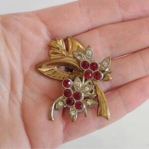 Vintage White & Red Rhinestone Floral Bouquet Brooch Gold Tone